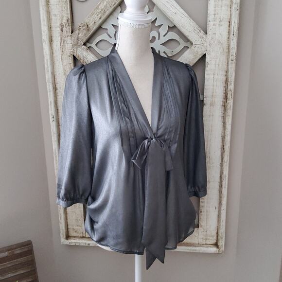 Decree Women's Junior 3/4 Sleeve, Button Tie Front Sheer Top in Metallic Silver - Picture 1 of 6